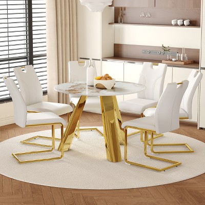 FURNIinspire Dining Sets Round Dining Set, 42" White Sintered Stone Dining Table Paired With 6 White Dining Chairs With Golden Metal Legs