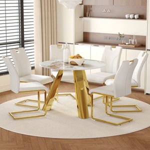 FURNIinspire Dining Sets Round Dining Set, 42" White Sintered Stone Dining Table Paired With 6 White Dining Chairs With Golden Metal Legs - 1 of 4