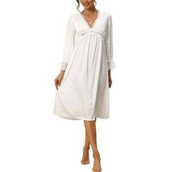cheibear Womens Satin Nightgowns Long Sleeve Lace Trim V-Neck Pajama Dress