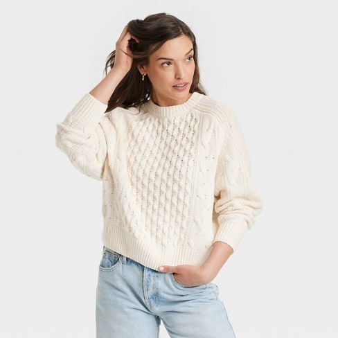 Women s Crewneck Cable Knit Pullover Sweater Universal Thread Cream Xl Target