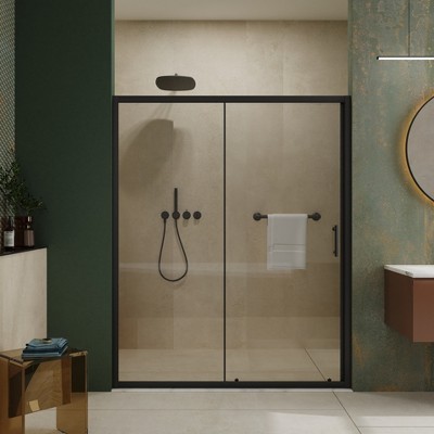 VYNXARIA 60"W*2"H Single Sliding Shower Door, 1/5 inch Thick Clear Tempered Glass Shower Door with Stainless Steel Handle, Black