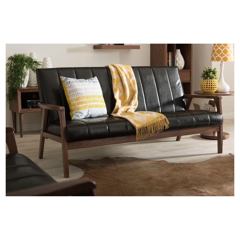 Nikko Mid-Century Modern Scandinavian Style Faux Leather Wooden 3 Seater Sofa - Baxton Studio, 5 of 6