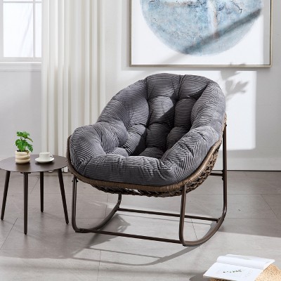 Dolonm Outdoor Rattan Rocking Chair with Padded Cushion, Oversized Recliner Rocker for Porch, Patio, Garden, Living Room, 250lbs Capacity