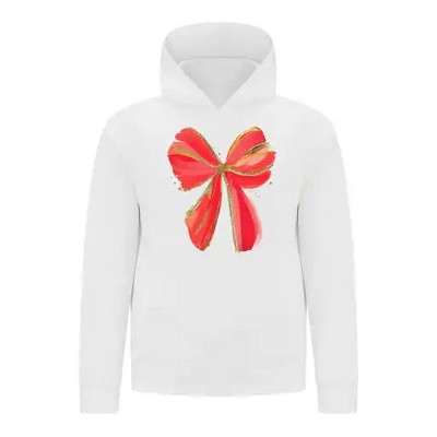 Everyday Kids Christmas Collection Festive Red & Gold Bow Girls Pullover Hoodie – Holiday Sweatshirt - White