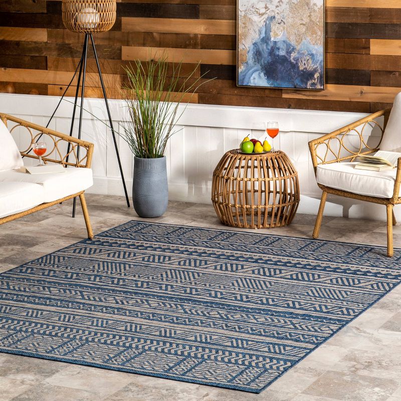 nuLOOM Abbey Tribal Striped Indoor/Outdoor Rug Blue, 2 of 10