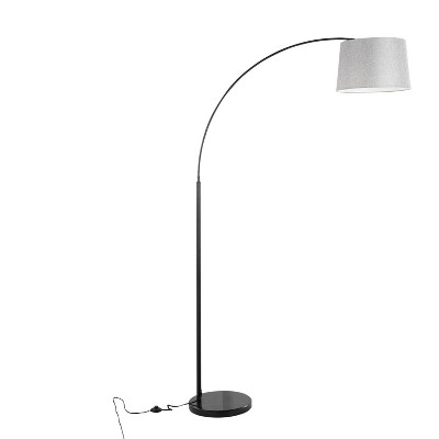 Arc Black Marble and Metal Floor Lamp with Grey Linen Shade