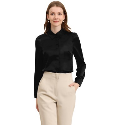 Allegra K Women's Office Satin Tops Collared Professional Long Sleeve Button-up Shirt