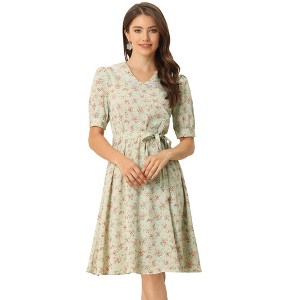 INSPIRE CHIC Women's Vintage Floral Peter Pan Collar High Waist Puff Sleeve A-line Midi Dress - 1 of 4