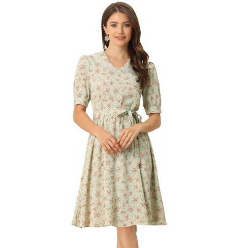 Allegra K Women's Vintage Floral Peter Pan Collar High Waist Puff ...