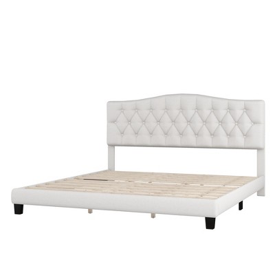 King Upholstered Linen Platform Bed Frame With Curved Tufted Headboard ...