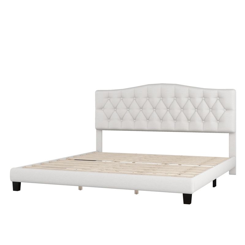 Upholstered  Linen Platform Bed Frame with Curved Tufted Headboard Beige-ModernLuxe, 3 of 9