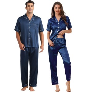 INSPIRE CHIC Couples Pajamas Sets Button Down Short Sleeve Casual 2 Pack Satin Sleepwear - 1 of 4