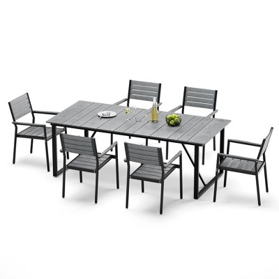 Crestlive Products 7pc Outdoor Dining set Table 82.7 inch Patio Dining Table Wooden-Like Top Aluminum Frame with Umbrella Hole 6seat
