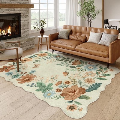 5'x7' Floral Living Room Rugs, Area Rugs 5x7ft Rug for Bedroom Ultra-Thin Soft Rug, Non-Slip Washable Rugs Stain Resistant Low-Pile Throw Rug, Beige