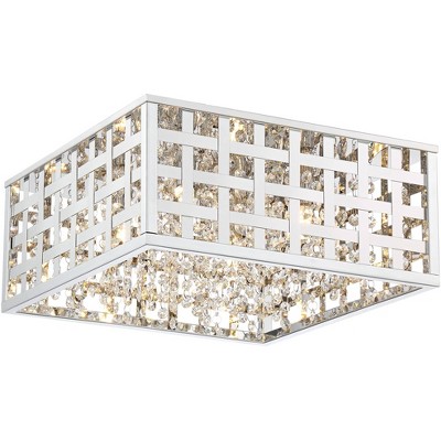 Possini Euro Design Modern Ceiling Light Flush Mount Fixture LED Square Chrome 15" Wide Crystal Accents Bedroom Kitchen Hallway