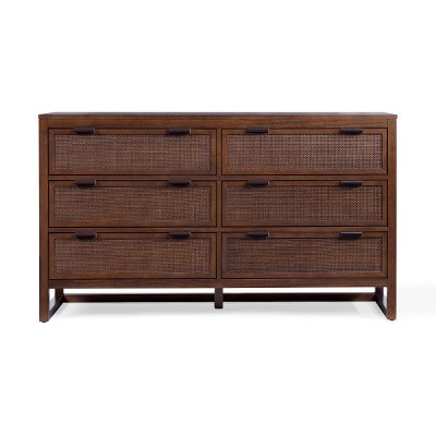 Teamson Home Hatteras Dresser with 6 Rattan Inset Drawers, Faux Leather Pulls & Deep Storage