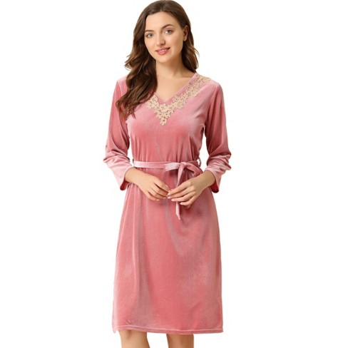 Allegra K Women's Velvet Sleepwear Nightgown V-neck Sleep Pajama Lounge  Dress With Belt Pink Small : Target