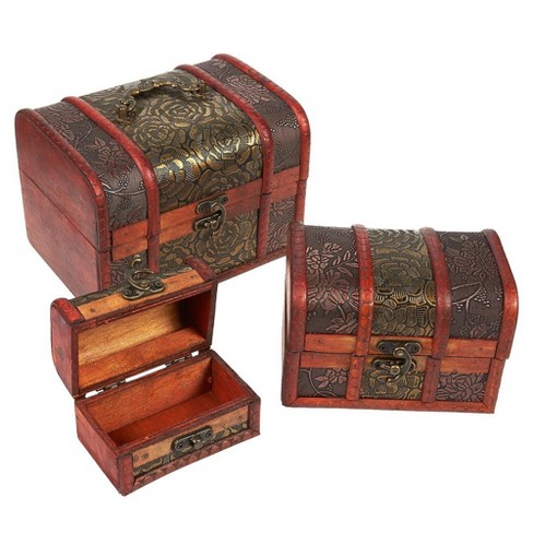 Wooden Treasure Chest Box Set Of 3, Wooden Storage Chests And Trunks