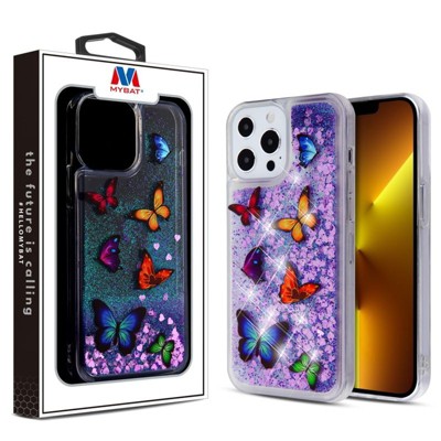 MyBat Glitter Hybrid Protector Cover Case for Apple iPhone 13 Pro (6.1) - Butterfly Dancing & Purple Quicksand (Hearts)