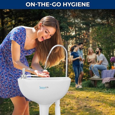 SereneLife White Portable Camping Sink with Foot Pump and Soap Dispenser