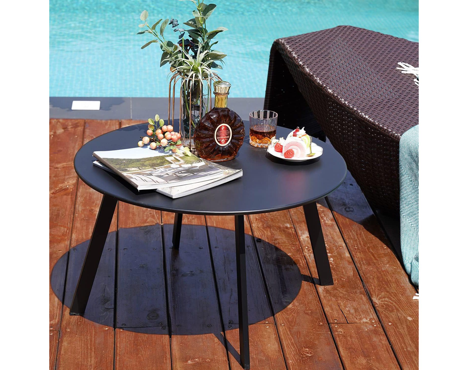 ACOINEL Patio Round Coffee Table, 27.6” Weather Resistant Outdoor Metal Patio Side End Table with Square Feet for Outside Deck, Porch, Garden, Black