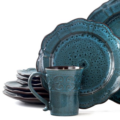 Lavish Blue Ceramic Round Dinnerware Set, Service for 4