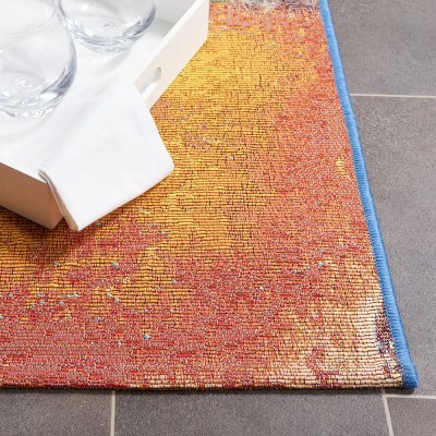 Blue and Rust Abstract Washable Synthetic Runner Rug
