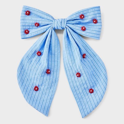 Girls' Striped Bow with Flowers Barrette - Cat & Jack™ White/Blue