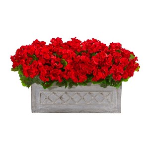 Nearly Natural 18-in Geranium Artificial Plant in Stone Planter UV Resistant (Indoor/Outdoor), Red - 1 of 3
