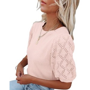 Women's Round Neck Short Sleeve Sweater Summer Casual Puff Sleeve Pullover Knit Top - 1 of 3
