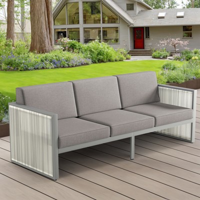 POCASSY Outdoor Round Wicker Patio Couch, Luxury High Back 3-Seater Sofa with Trapezoidal Back Cushion for Porch Garden Pool, Deep Gray