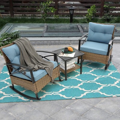 Patio Rocking Rattan Chairs With Steel Table,3-Piece Chaise Rocking Chair Set,Patio Rocking Chairs With Armrests -Maison Boucle