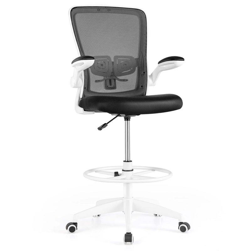 Costway Adjustable Swivel Drafting Chair with Flip-Up Armrests Adjustable Lumbar Support Black&White/Black, 1 of 11