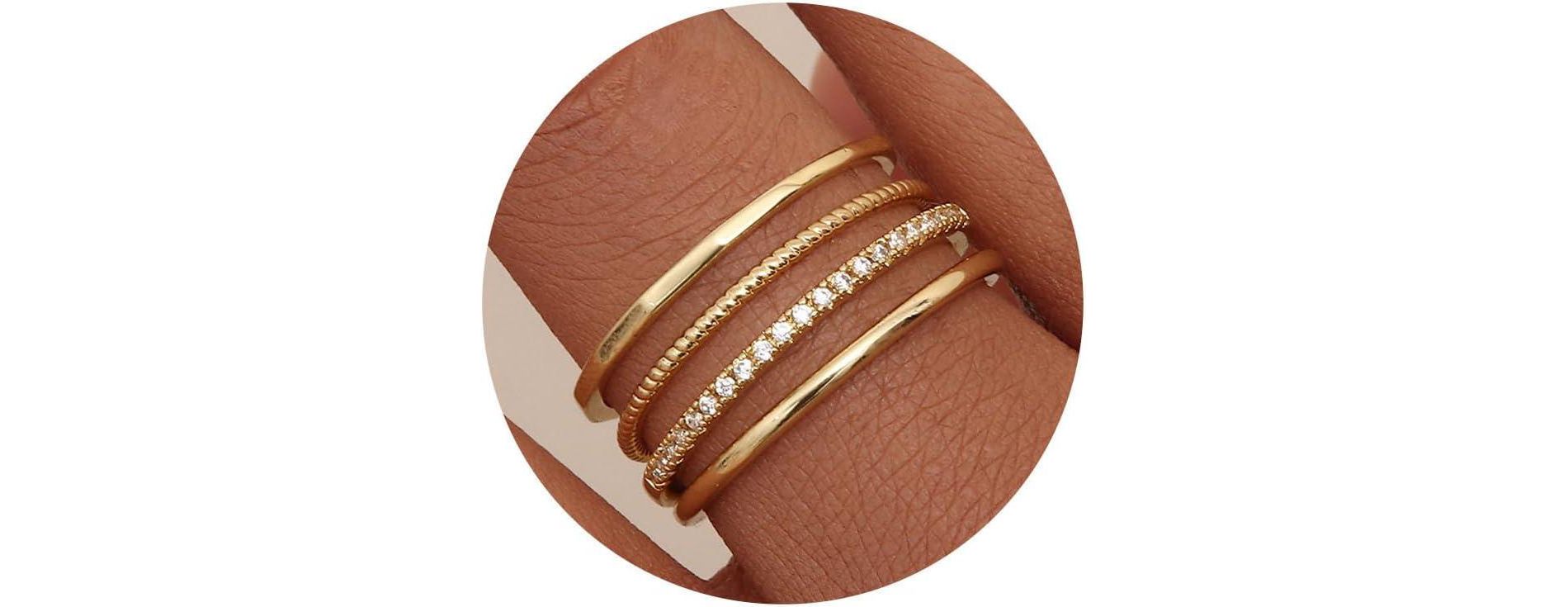14K Gold Plated Thin Stackable Rings Minimalist Non Tarnish Half Cubic Zirconia Band Rings