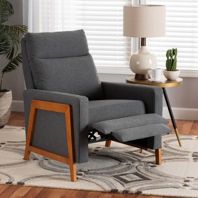 Gray Leather and Wood Mid-Century Modern Recliner