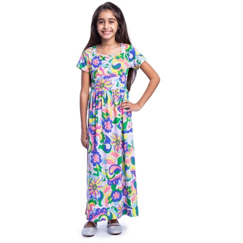 24seven Comfort Apparel Girls Floral Print Short Sleeve Pleated Maxi  Dress-multicolor-l : Target