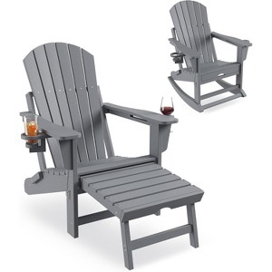 TackView Outdoor Rocking Adirondack Chairs, with Retractable Ottoman and Cup Holder, HDPE All Weather, 400 lbs, 1 Piece, Gray - 1 of 4