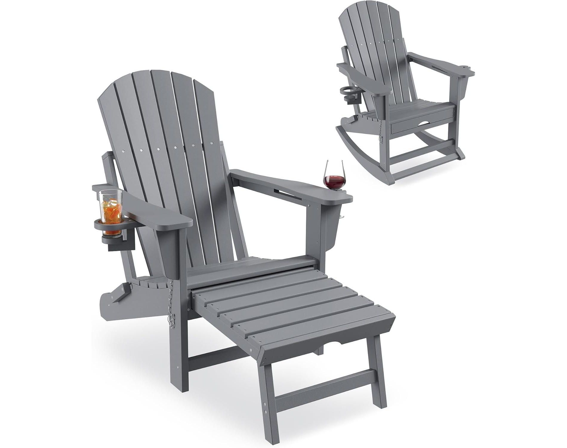 TackView Outdoor Rocking Adirondack Chairs, with Retractable Ottoman and Cup Holder, HDPE All Weather, 400 lbs, 1 Piece, Gray