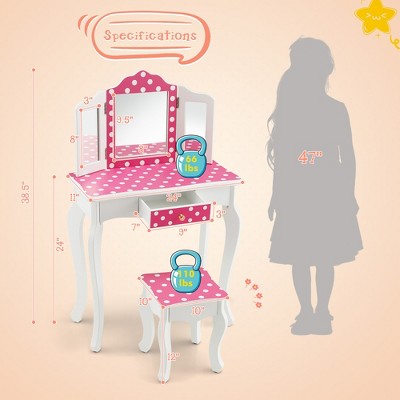 Pink Polka Dot Kids Vanity Set with Tri-Folding Mirror and Stool