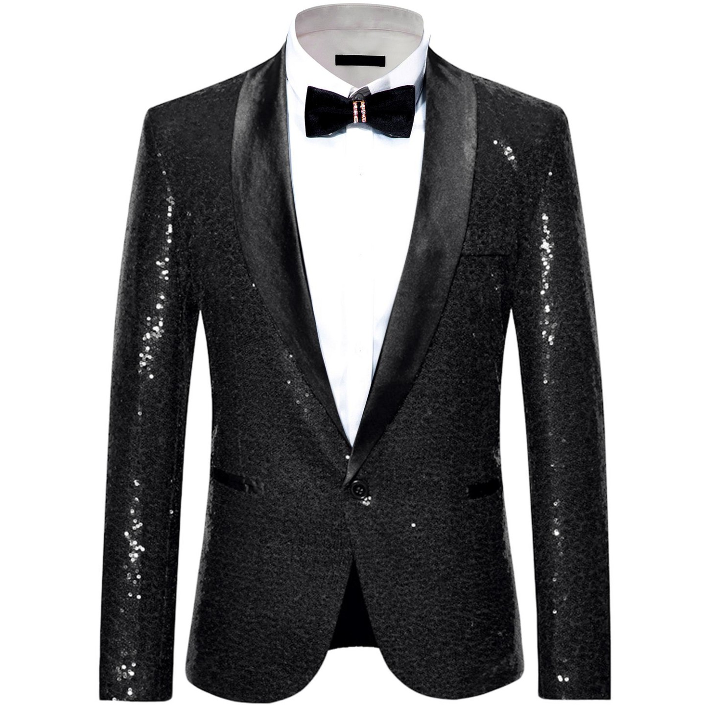 Мужской пиджак INSPIRE CHIC Shawl Lapel One Button Tuxedo Wedding Shiny Sequin Blazer Black, цвет: Чёрный — фото 1