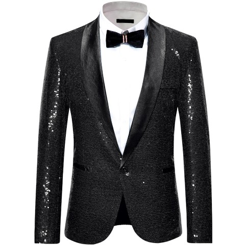 Мужской пиджак INSPIRE CHIC Shawl Lapel One Button Tuxedo Wedding Shiny Sequin Blazer Black Large, цвет: Чёрный