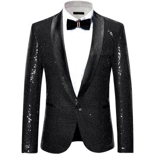 INSPIRE CHIC Men's Shawl Lapel One Button Tuxedo Wedding Shiny Sequin Blazer - 1 of 4