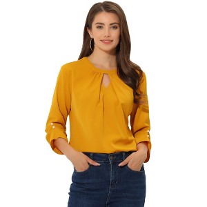 INSPIRE CHIC Women's Work Office Keyhole Pleated Front Ruched 3/4 Sleeve Chiffon Blouse - 1 of 4