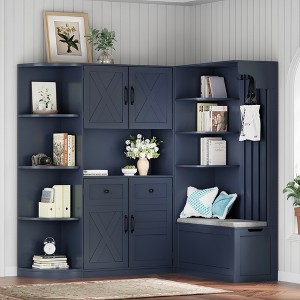 KTMBDW Hall Tree with Bench and Shoe Storage, Storage Cabinet with Open Shelves, Shoe Cubbies & 4 Coat Hooks, Barn Door - 1 of 4