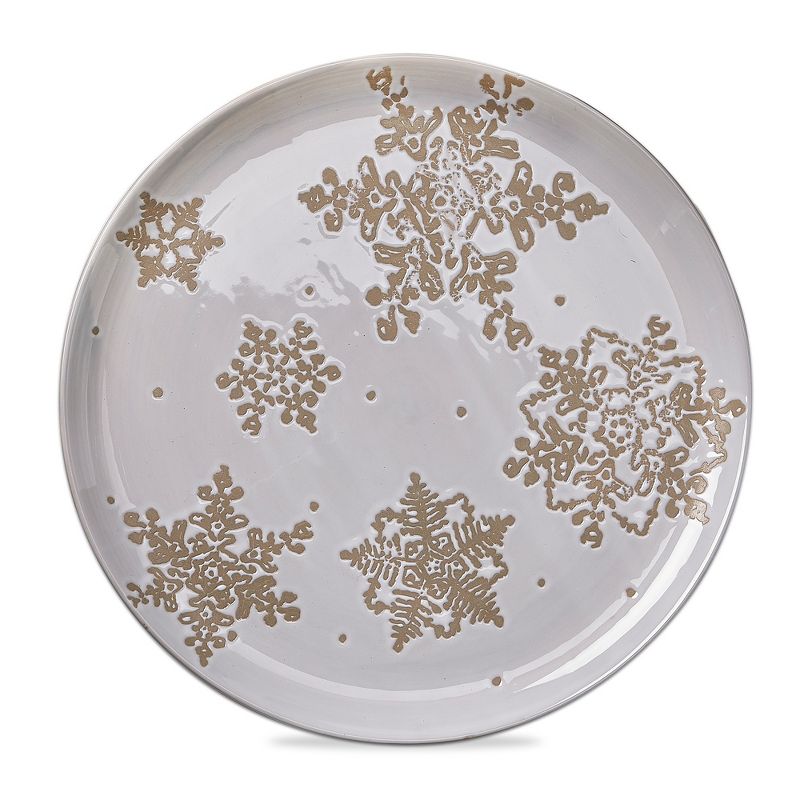 tagltd "Falling Snow Platter" Winter Gold Snowflake Accented 14-inch Round White Dolomite Serving Platter., 1 of 3