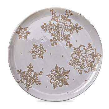 tagltd "Falling Snow Platter" Winter Gold Snowflake Accented 14-inch Round White Dolomite Serving Platter.