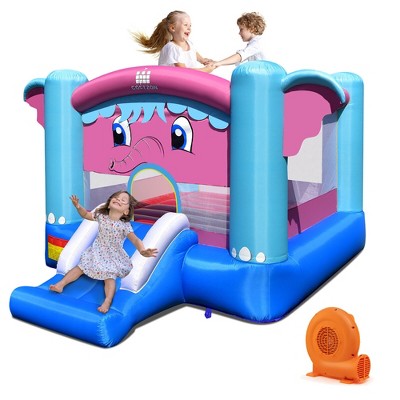 Tangkula Inflatable Bounce House 3-in-1 Elephant Theme Inflatable Castle w/ Jumping Area Slide & Basketball Rim Indoor Outdoor Kids Bouncer w/ 550W