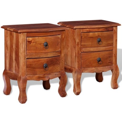 vidaXL 2X Acacia Wood Nightstands-Brown Vintage Bedside Tables w/Drawers, Handmade Bedroom Furniture, Solid Wood End Tables