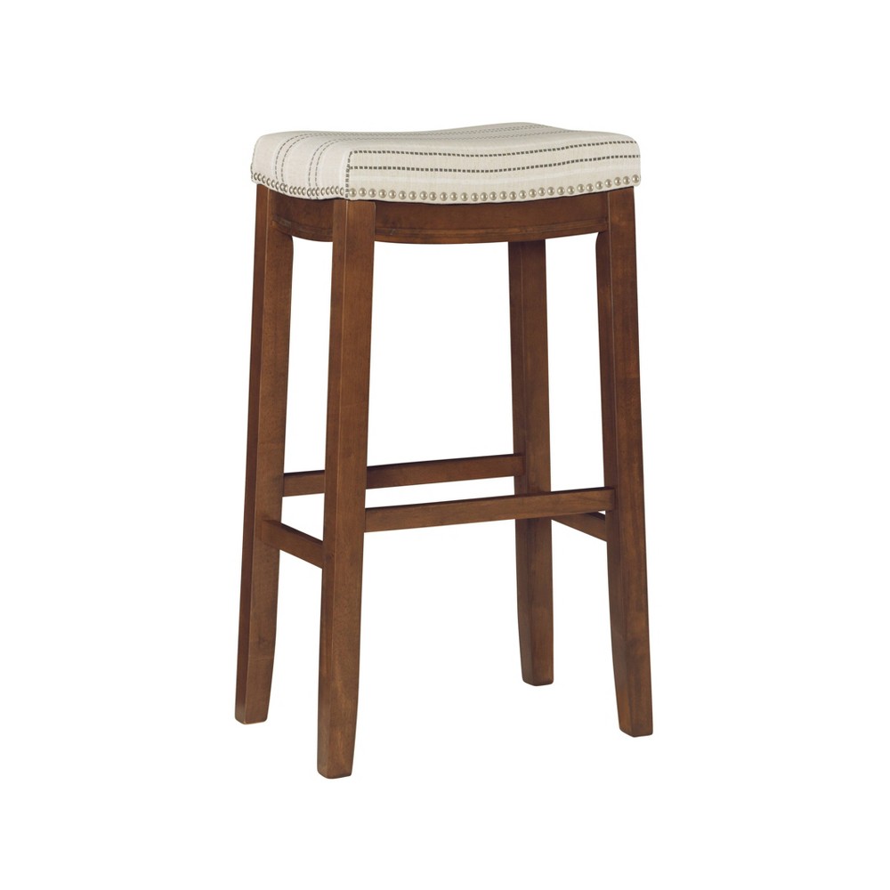 Claridge Backless Nailhead Saddle Barstool Charcoal Stripe - Linon: Rubberwood Frame, Upholstered Seat, 32" Height