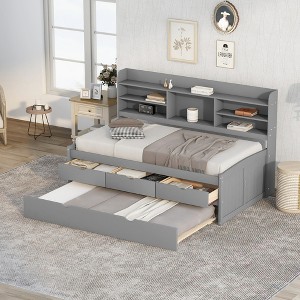 Twin Size Wooden Captain Bed with Built-in Bookshelves,Three Storage Drawers and Trundle - 1 of 4